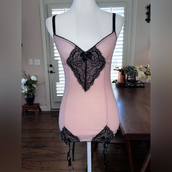 Widow Dolls Kill Lace Mesh Mini Dress Pink Black Garter Straps Gothic Coquette S - Picture 2 of 11